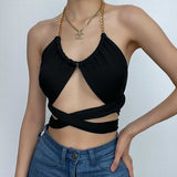 Aimays Party Outfits Summer Vacation Sexy Clothing Metal chain ruched cross front self tie backless crop top