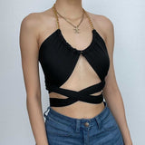 Aimays Party Outfits Summer Vacation Sexy Clothing Metal chain ruched cross front self tie backless crop top