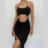 Aimays Party Outfits Summer Vacation Sexy Clothing Metal chain halter backless hollow out slit solid cut out midi dress