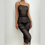 Aimays Party Outfits Summer Vacation Sexy Clothing Sheer mesh see through one shoulder ruched irregular midi dress