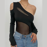 Aimays Party Outfits Summer Vacation Sexy Clothing Long sleeve solid mesh backless one shoulder button bodysuit