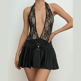 Aimays-hoco dresses  Party Outfits Summer Vacation Sexy Clothing Cross front halter lace hollow out ruffle o ring cut out mini dress