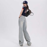 Aimays backpack inspo Visual Manual Casual Versatile Korean Style Loose Design Wide Leg Pants Regular Lengthened Jeans