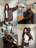 Aimays discover style ideas Brown Leather Coat Women's Autumn Cotton-Padded Jacket Quilted Motorcycle Lapel American Retro Pu Couple Jacket