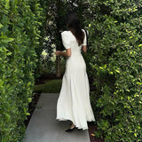 AIMAYS-Elegant White Bow Maxi Dress for Women Fashion Puff Short Sleeve Slim Party Dresses 2024 Summer Holidays Party Draped Dress