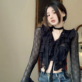 Aimays-Fall Outfits -Women Lace Blouses  Y2k Crop Top Sexy Gothic GrungeFemale Shirts Elegant Black Transparent Cardigan Korean Streetwear