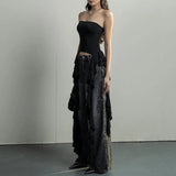 Aimays-Y2k Tank Tops Asymmetrical Fringed Ruffle Top Streetwear Black Strapless Womans Summer Clothes