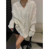 Aimays- V Neck White Women's Sweater Oversize Knitwear Long Sleeve Pullovers Spring Jumper Streetwear Korean Popular Fashion