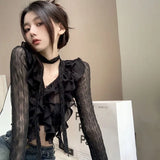 Aimays-Fall Outfits -Women Lace Blouses  Y2k Crop Top Sexy Gothic GrungeFemale Shirts Elegant Black Transparent Cardigan Korean Streetwear