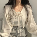 Aimays-Lucyever White Knitted Cardigan Women Summer Thin Sunscreen Lace-Up Knitwear Tops Female Korean Style Lantern Sleeve Short Coat