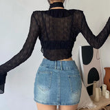 Aimays-Fall Outfits -Women Lace Blouses  Y2k Crop Top Sexy Gothic GrungeFemale Shirts Elegant Black Transparent Cardigan Korean Streetwear