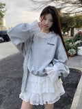 Aimays-Fall Outfits - Korean Fashion Sweatshirts Women Kpop Sweet Girl Gray Lace Patchwork Hoodies Female Coquette Aesthetic Long Sleeve Tops