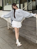 Aimays-Fall Outfits - Korean Fashion Sweatshirts Women Kpop Sweet Girl Gray Lace Patchwork Hoodies Female Coquette Aesthetic Long Sleeve Tops