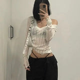 Aimays- Coquett Y2K Women's Knit Sweater Hollow Out Knitwear V Neck Pullovers Spring See Through Jumper Harajuku Fashion Grunge