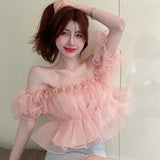 Aimays-Puff Sleeve Blouses For Women Trendy Summer Cute Popular Ulzzang Solid Ruffles Slim Fit College All-match Korean Style