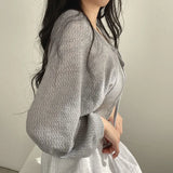 Aimays-Lucyever White Knitted Cardigan Women Summer Thin Sunscreen Lace-Up Knitwear Tops Female Korean Style Lantern Sleeve Short Coat