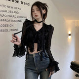 Aimays-Fall Outfits -Women Lace Blouses  Y2k Crop Top Sexy Gothic GrungeFemale Shirts Elegant Black Transparent Cardigan Korean Streetwear