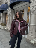 Aimays-fall outfits Women Vintage Solid Long Sleeved  Pu Jacket Elegant Lapel Zipper Pocket Short Coat Chic Spring Lady High Street Commuting Wear