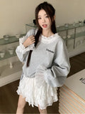 Aimays-Fall Outfits - Korean Fashion Sweatshirts Women Kpop Sweet Girl Gray Lace Patchwork Hoodies Female Coquette Aesthetic Long Sleeve Tops