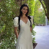 AIMAYS-Elegant White Bow Maxi Dress for Women Fashion Puff Short Sleeve Slim Party Dresses 2024 Summer Holidays Party Draped Dress