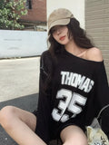 Aimays-Fall Outfits - Streetwear Oversized Off Shoulder Sweatshirts Women Aesthetic Letter Graphic Jerseys Grunge Y2k Hoodies Long Sleeve Top