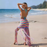 AIMAYS-Fashion Multicolor Wave Beach Skirts Two Piece Sets Women Sexy Kintted Tops Tassel Long Skrts Suits Summer Bikini Cover Up Dress