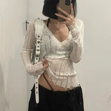 Aimays- Coquett Y2K Women's Knit Sweater Hollow Out Knitwear V Neck Pullovers Spring See Through Jumper Harajuku Fashion Grunge