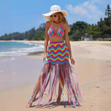 AIMAYS-Fashion Multicolor Wave Beach Skirts Two Piece Sets Women Sexy Kintted Tops Tassel Long Skrts Suits Summer Bikini Cover Up Dress
