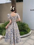 AIMAYS- Floral Print Summer Plus Size Dress for Women Elegant Puff Short Sleeve Square Collar Dress French Vintage Party Midi Dress