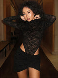 Aimays-Fall Outfits  Black Lace Sexy 2 Piece-Set Skirt Female See-Through Long Sleeve Jumpsuit And High Waist Skirt Sets Summer Rompers Outfits