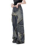 AIMAYS-New women star stitching tassel pants American retro high street jeans loose wide leg pants trendy punk y2k pants