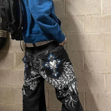 AIMAYS-Y2k Street High Waist Gothic Skull Geometry Men Jeans American Retro Hip Hop Fashion Couple Straight Loose Pants