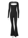 Aimays Black Backless Lace-Up Rompers For Women Slim Patchwork High Waist Sexy Solid Slim Long Sleeve Jumpsuit Women's Tracksuit