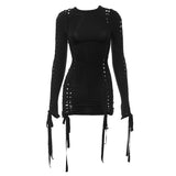 Aimays Party Outfits Summer Vacation Sexy Clothing Hollow out self tie long sleeve solid crewneck cut out mini dress
