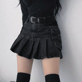 Aimays  Vintage Pleated Denim Skirts Women Dark Academia Fashion Skirts Goth Black High Waist Skirt 90S Korean Pockets