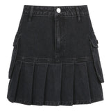 Aimays  Vintage Pleated Denim Skirts Women Dark Academia Fashion Skirts Goth Black High Waist Skirt 90S Korean Pockets