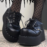 Aimays   Big Size 43Trendy Lovely Black Bat Platform Wedges Lace Up Spring Women's Pumps Round Toe Rivet Coslplay Lolita Punk High Heels