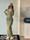 Aimays  Sexy Knitted Suit Halter Neck Long Sleeve Chest Large Top Short Winter High Waist Sweater Dress Backless Korean 1R76