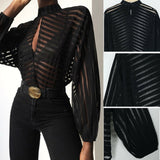 Aimays  French Style Women Gauze Mesh Net Loose Blouse Sheer Long Sleeve Ladies Shirt Black Front Hollow Lantern Vague Sexy Look Stripe