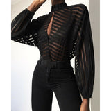 Aimays  French Style Women Gauze Mesh Net Loose Blouse Sheer Long Sleeve Ladies Shirt Black Front Hollow Lantern Vague Sexy Look Stripe