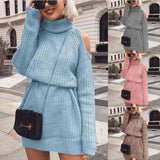 Aimays-hoco dresses   Turtleneck Knitwear Women's Dresses Autumn Casual Fashion Office Lady Off Shoulder Female Winter Long Sleeve Midi Sweater Dress