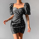 Aimays-hoco dresses   Black Bling Short Evening Dresses Puff Sleeve Summer Bodycon Sexy Elegant Party Female Clothing Lace Up Mini Dress