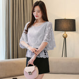 Aimays  New Butterfly Flower Half Sleeve Shirt Women Elegant Fashion Chiffon Blouse Summer Cotton Edge Lace O Neck Loose Shirt 4073 50