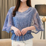 Aimays  New Butterfly Flower Half Sleeve Shirt Women Elegant Fashion Chiffon Blouse Summer Cotton Edge Lace O Neck Loose Shirt 4073 50