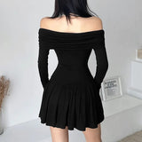Aimays-Black Off Shoulder Long Sleeve Pleated Dress