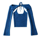 Aimays-Fall Outfits -   2024 Women Y2K Knitted Halter Cami Tops And Flare Sleeve Shrug Set Blue Sweater Set Shawl Stacked 2 Piece Set Long Sleeve