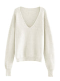 Aimays-Fall Outfits  Autumn Outfits     New Deep V-neck Sweater Off-the-shoulder Sweater Green and White Knitted Top Loose Fashion Knitted