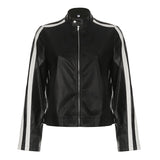 Aimays-Black Leather Stand Collar Jacket Coat