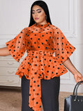 Aimays  Sexy See Through Tops 3/4 Sleeve Black Polka Dot Organze White Orange Women Blouse Evening Party Plus Size Shirt Tops With Belt