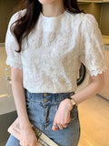 Aimays  French Embroidery Sweet Blouse Women Short Sleeve White Elegant Summer Lace Shirt Vintage Sweet Puff Sleeve Clothes Blusas 21262